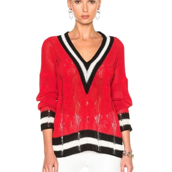 rag & bone Other - Rag & Bone Red Open Knit Cable Varsity V-Neck Sweater Mens Medium Striped Trim